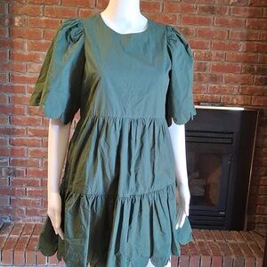 English Factory Olive Green Tiered Dress with Puff Sleeves